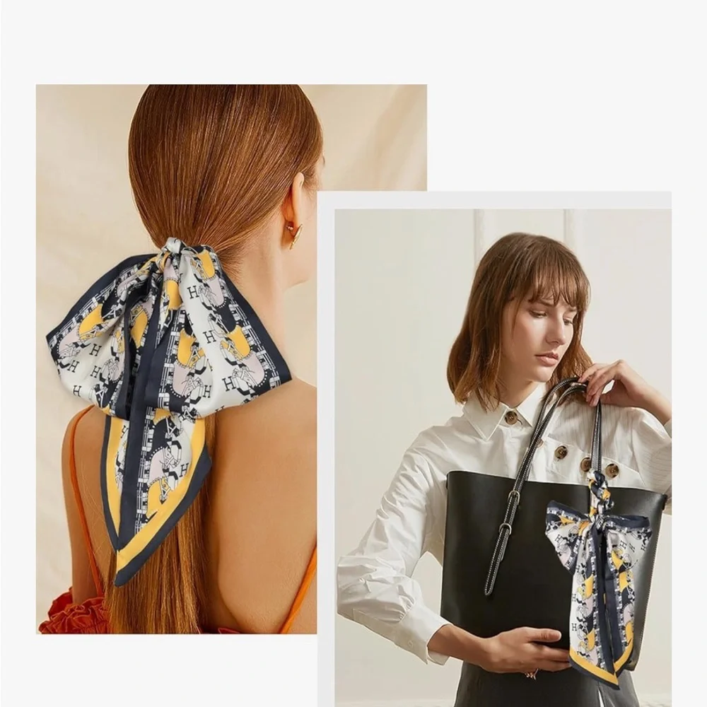 Elegant Black and Yellow Horse Silky Twilly Scarf Long Luxury Expensive Quality